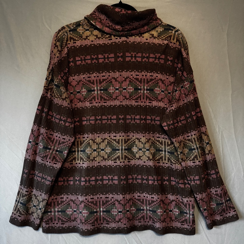 Chaps Womens Fair Isle Mock Neck Top Large Cotton Southwest Aztec Cottagecore - Picture 7 of 10